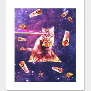 Space Cat Eating Pizza - Rainbow Laser Eyes, Burrito Posters and Art